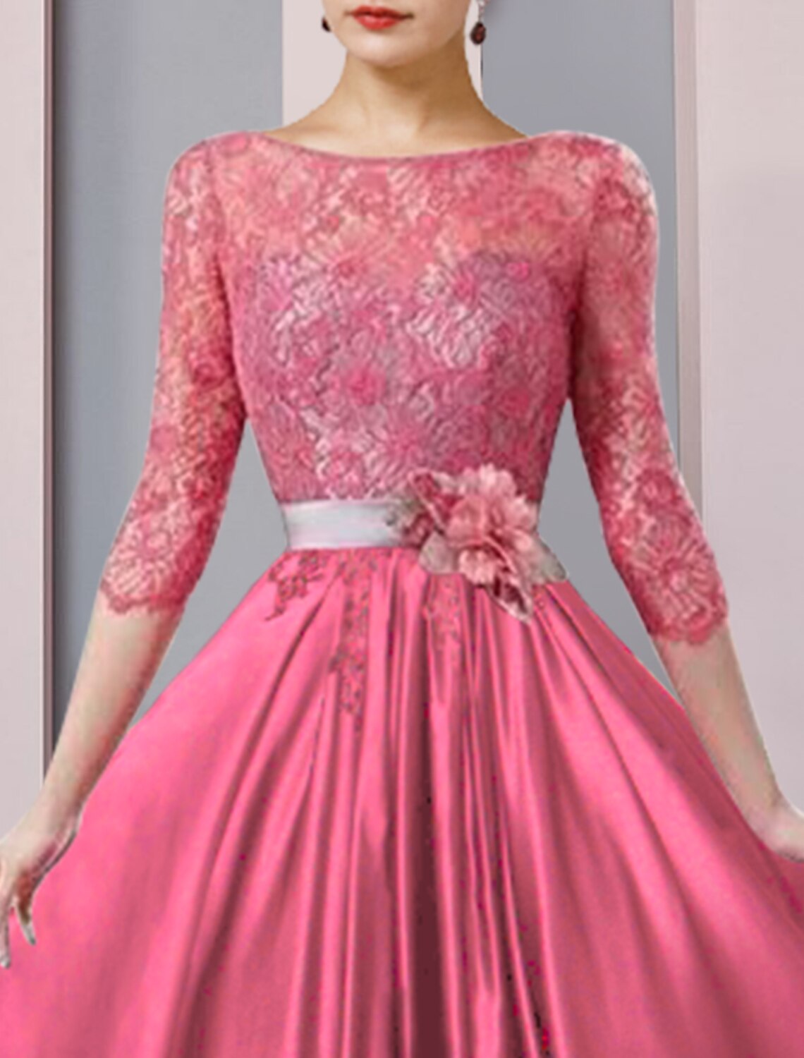 Abito da cerimonia per la madre della sposa, a trapezio, elegante, con scollo a barchetta, lunghezza tè, in raso e pizzo, a mezza manica, con fascia/fiocco e fiore